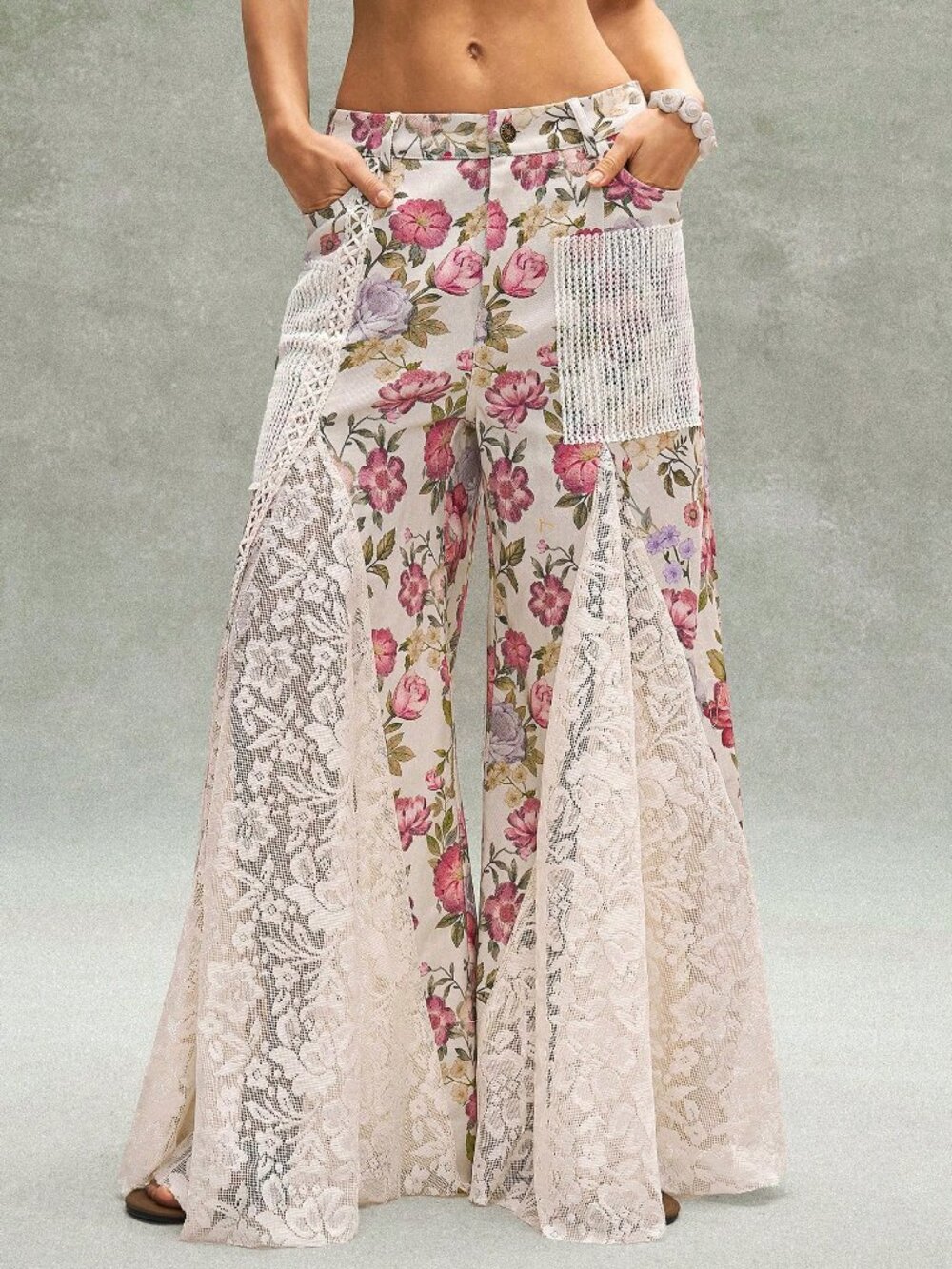 Khaki Boho Women's Casual Ditsy Floral Lace Loose Wide-Leg Low-Waist Pants - Picture 5 of 8